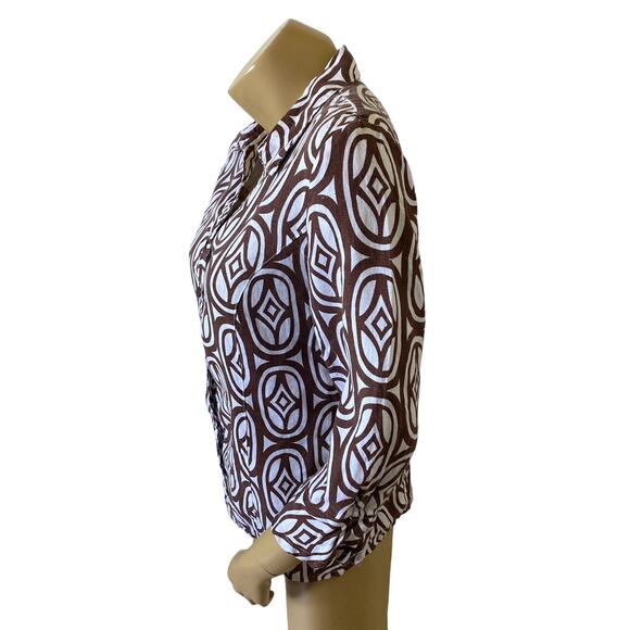 JM COLLECTION Womens Size 8 Brown White Linen 3/4 Sleeve Button Up Collar Shirt - Picture 2 of 6